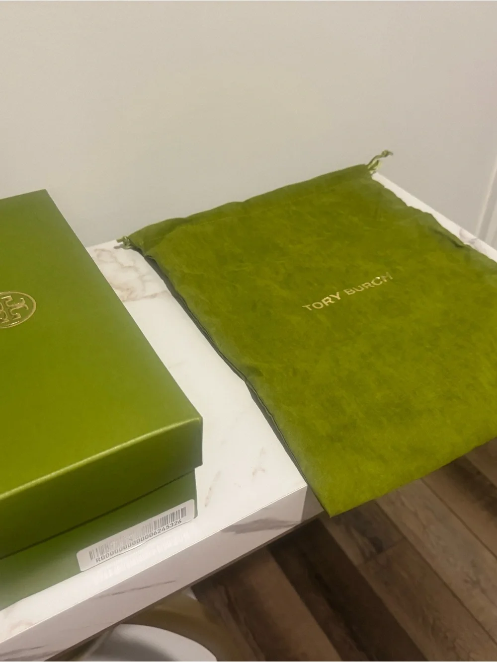 Tory Burch Olive Green Velvet Drawstring Pouch and Shoe Box with Gold Logo